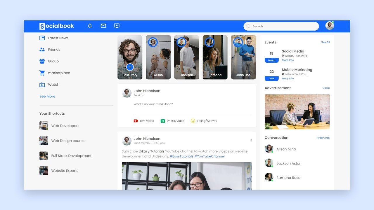 Interface of social Media page on facebook