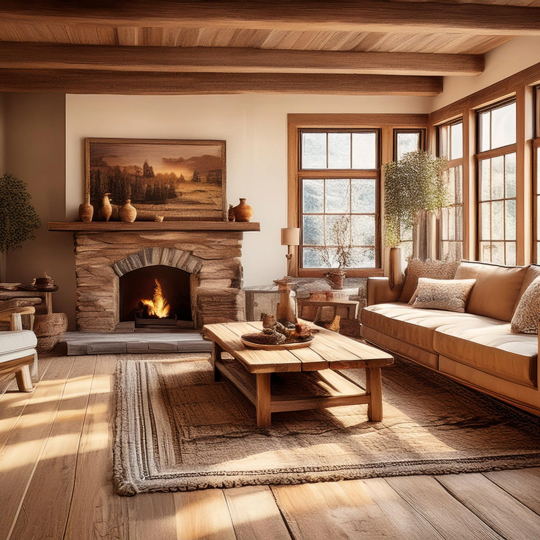 A rustic living room with wide plank, reclaimed wooden floors in a natural oak tone. The room features distressed wooden furniture