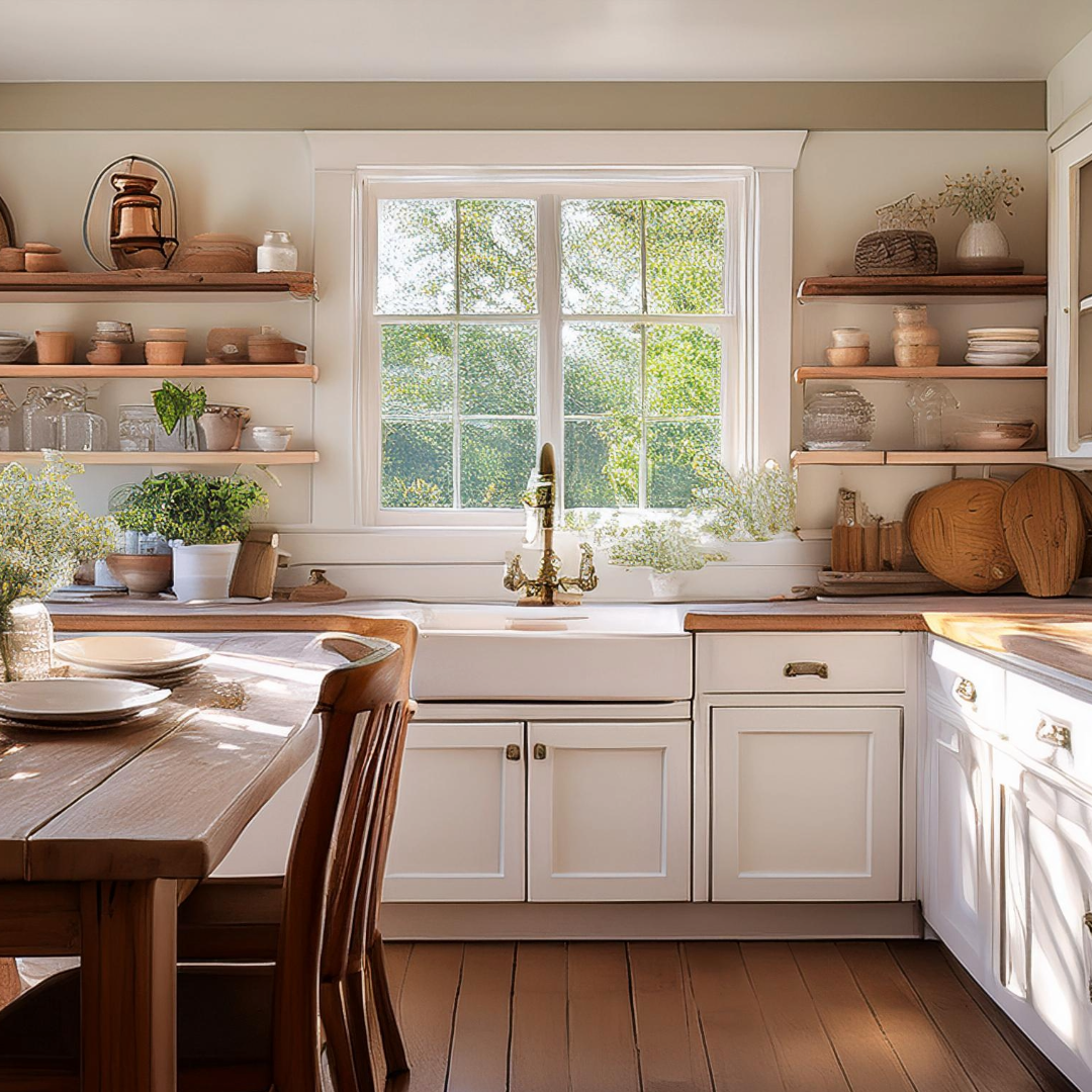 A country kitchen with white shaker-style cabinets, open shelving showcasing ceramic dishes and mason jars, a large farmhouse sink with a vintage brass faucet