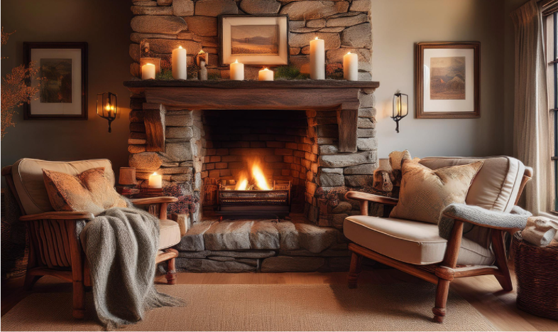 A stone or brick fireplace with a rustic wooden mantel, adorned with candles, framed photos, and decorative accents. 