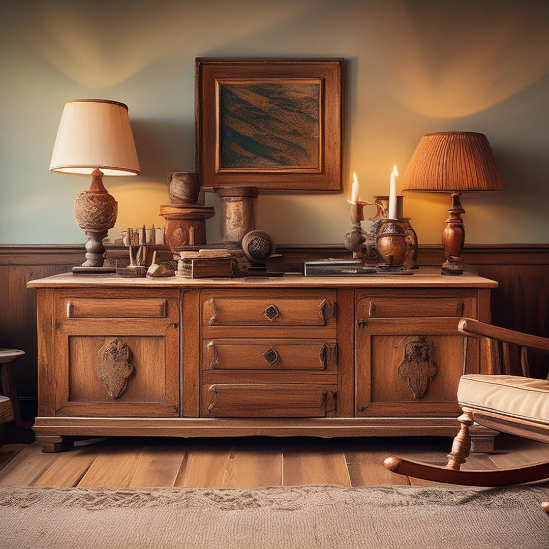 A room with vintage furniture, including an antique wooden sideboard, a weathered rocking chair, a rustic coffee table, and intricate woodwork details.