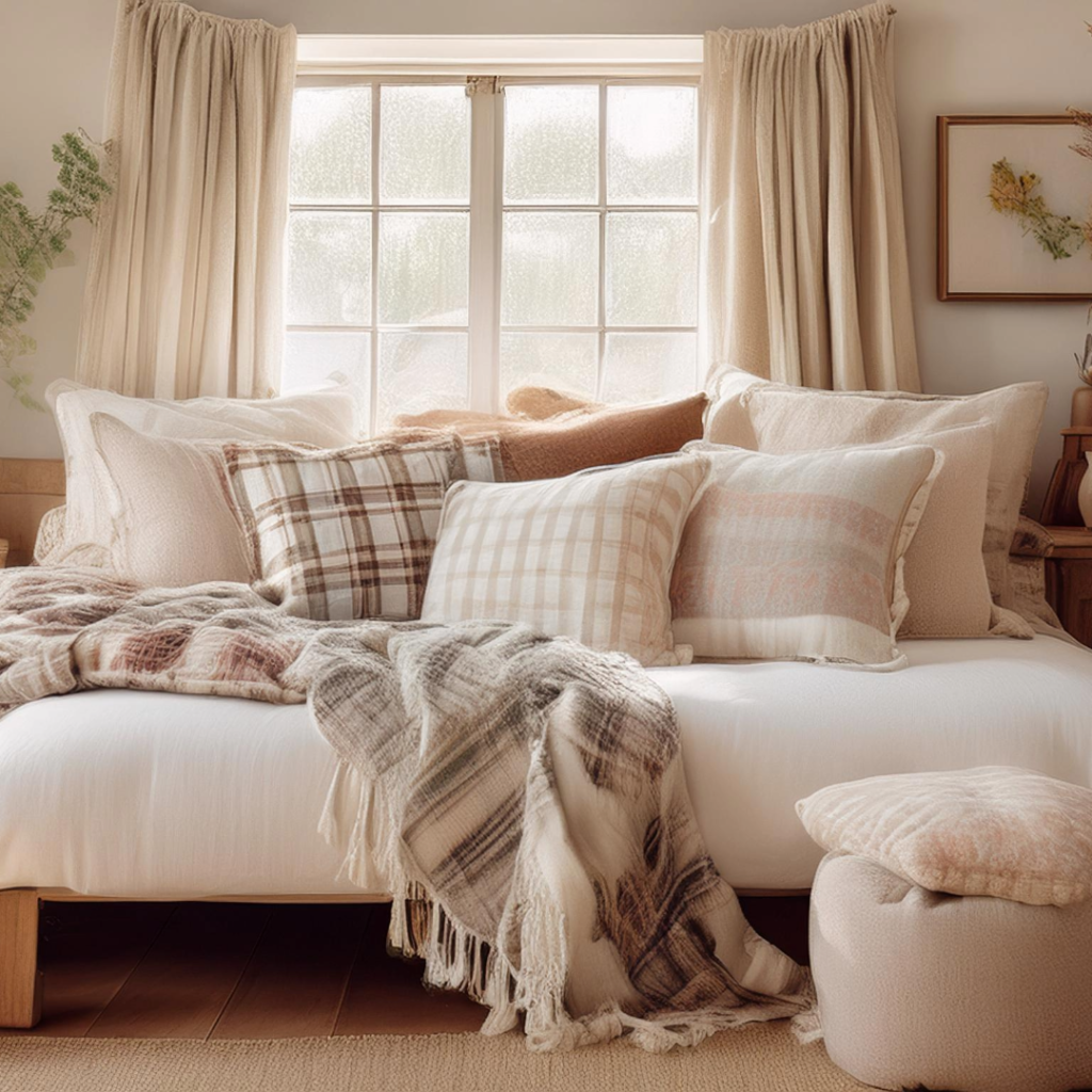 A bedroom or living room featuring natural fabrics like linen and wool. Gingham or floral print cushions on a sofa, a quilted blanket on the bed