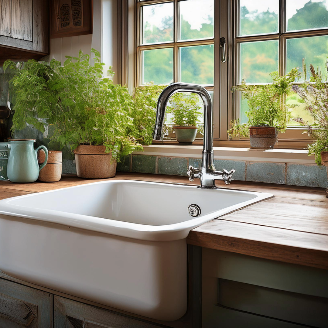 A kitchen with a deep farmhouse sink with an apron front, paired with a vintage-style faucet. The countertops are wooden, with distressed tiles in the background and potted herbs on the windowsill.