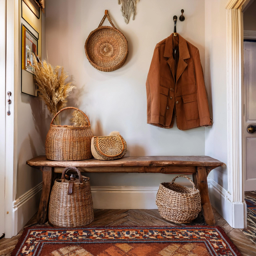 A cozy entryway featuring a wooden bench with wicker baskets underneath, a vintage coat rack, a traditional patterned rug